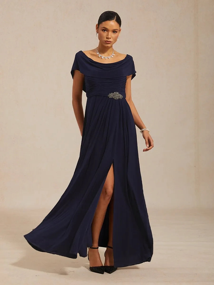 Navy Blue Cowl Neck Cap-sleeve Ruched Maxi Prom Dress