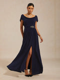 Navy Blue Cowl Neck Cap-sleeve Ruched Maxi Prom Dress