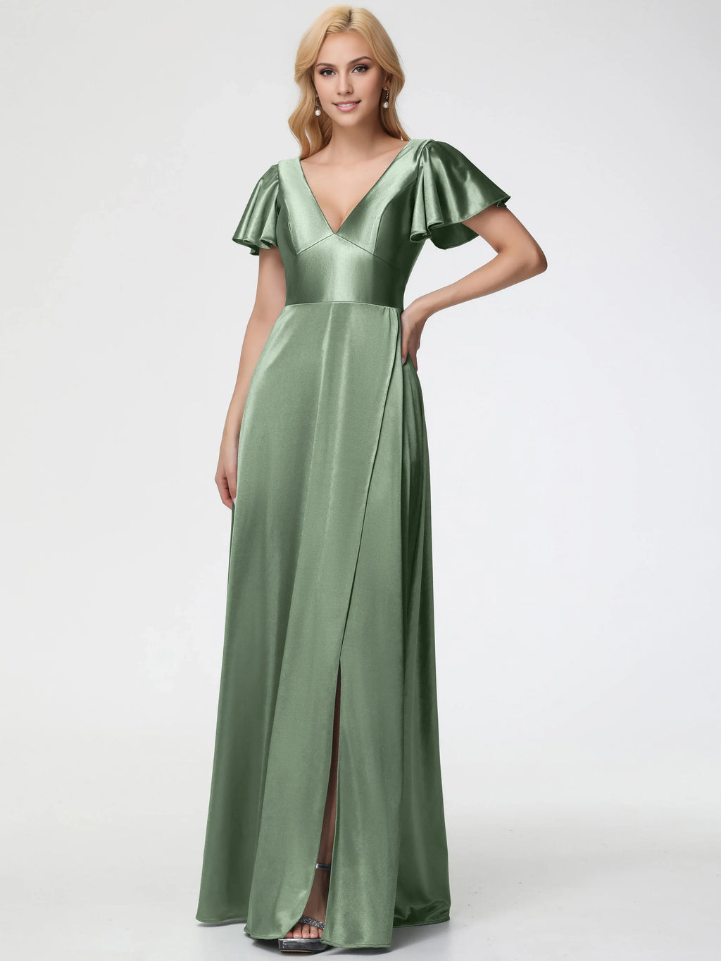 Beautiful Elegant Sage Green Satin A-Line V-Neck Short Sleeve Floor-Length Prom Dress