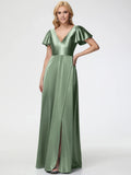 Beautiful Elegant Sage Green Satin A-Line V-Neck Short Sleeve Floor-Length Prom Dress