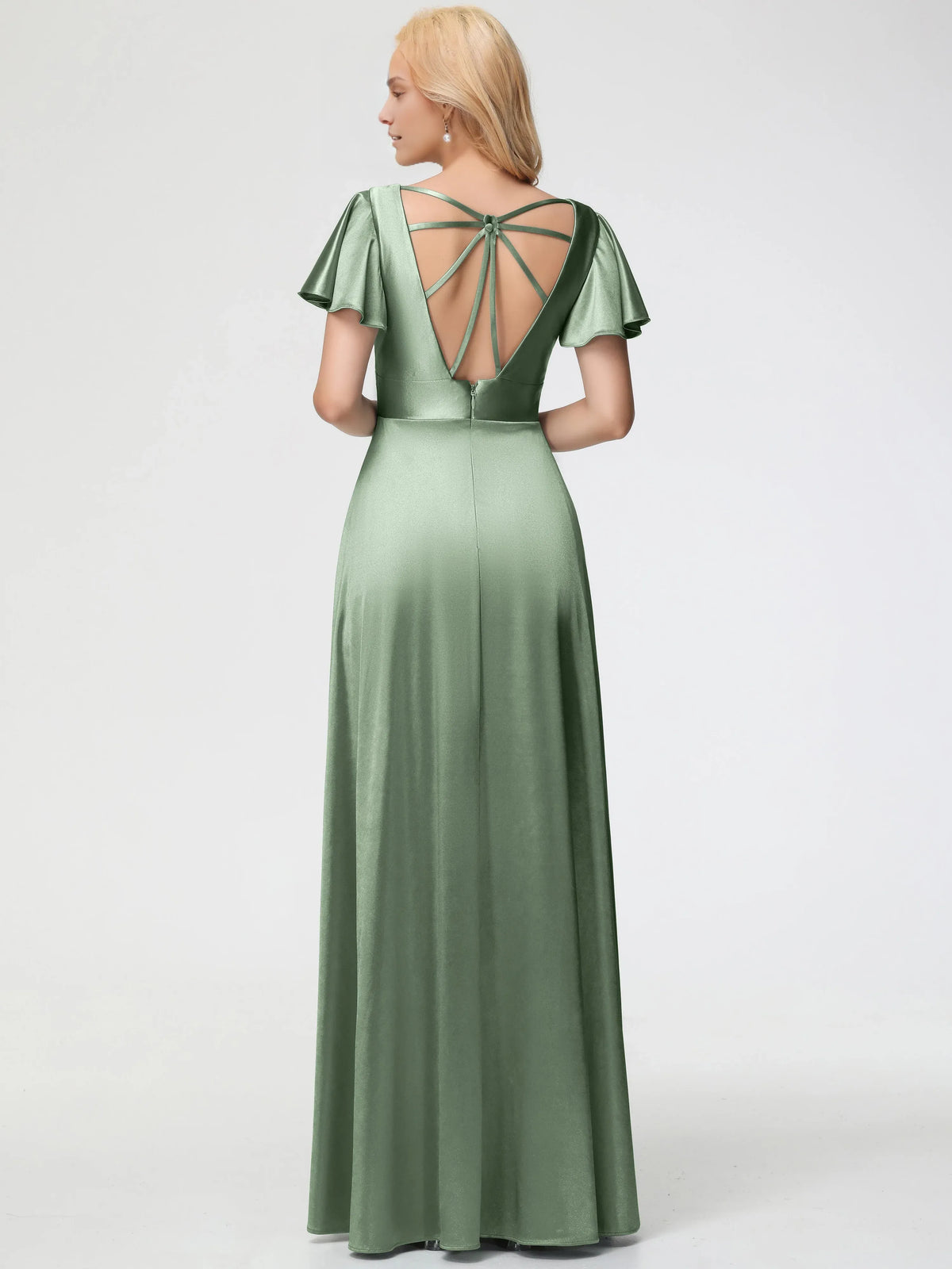 Beautiful Elegant Sage Green Satin A-Line V-Neck Short Sleeve Floor-Length Prom Dress