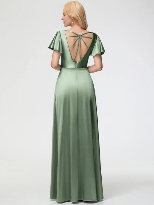 Beautiful Elegant Sage Green Satin A-Line V-Neck Short Sleeve Floor-Length Prom Dress