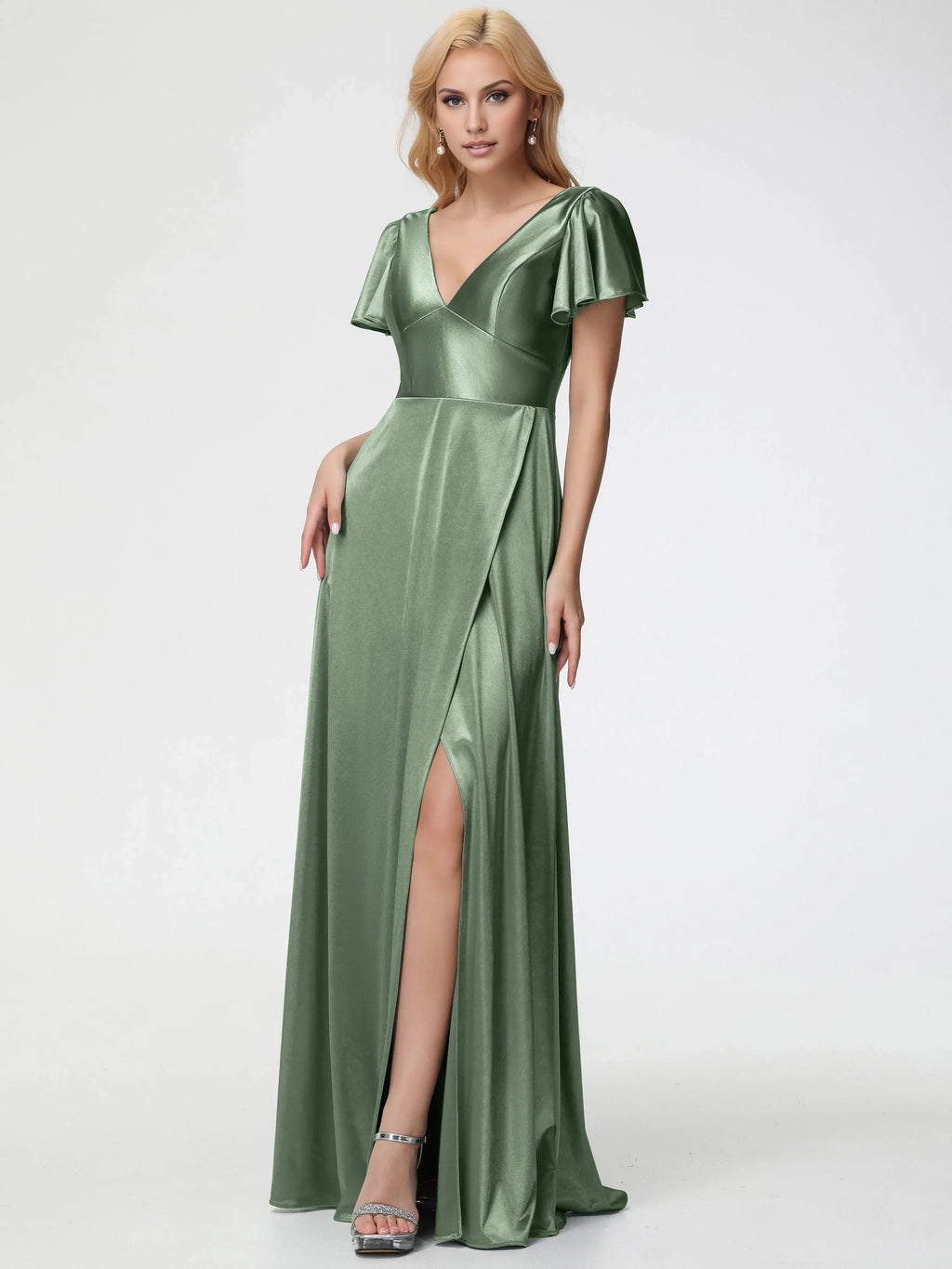 Beautiful Elegant Sage Green Satin A-Line V-Neck Short Sleeve Floor-Length Prom Dress