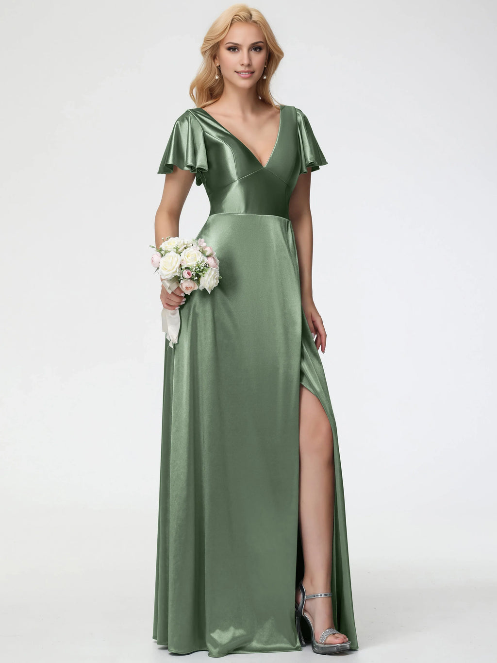 Beautiful Elegant Sage Green Satin A-Line V-Neck Short Sleeve Floor-Length Prom Dress