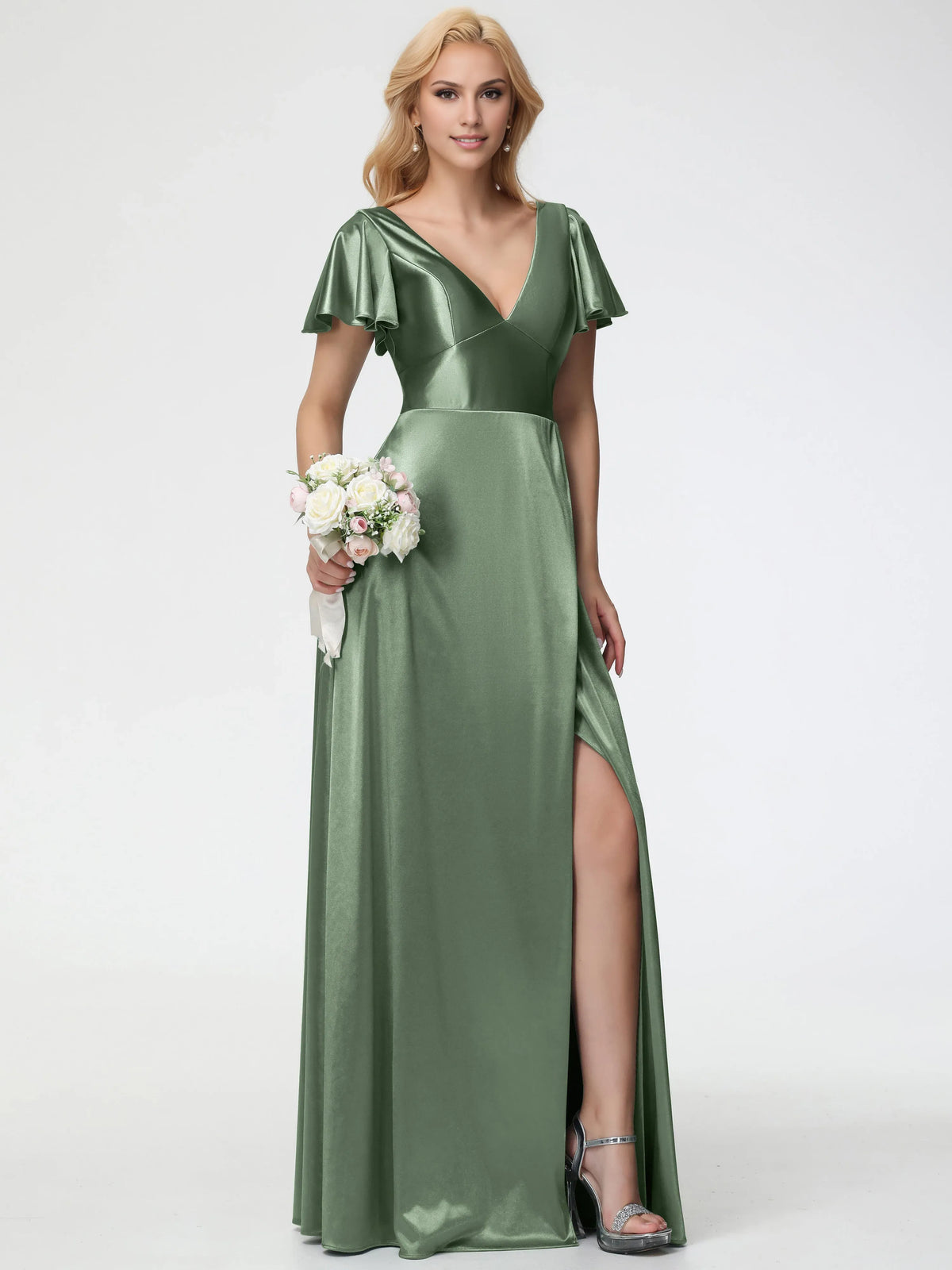Beautiful Elegant Sage Green Satin A-Line V-Neck Short Sleeve Floor-Length Prom Dress