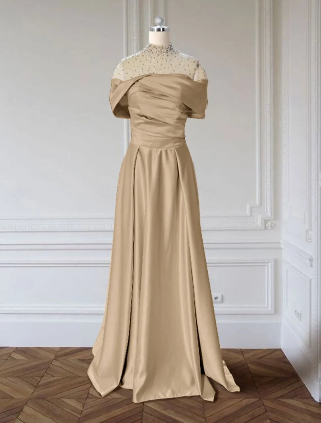 Off-Shoulder Beaded Champagne Floor-Length Evening Dress