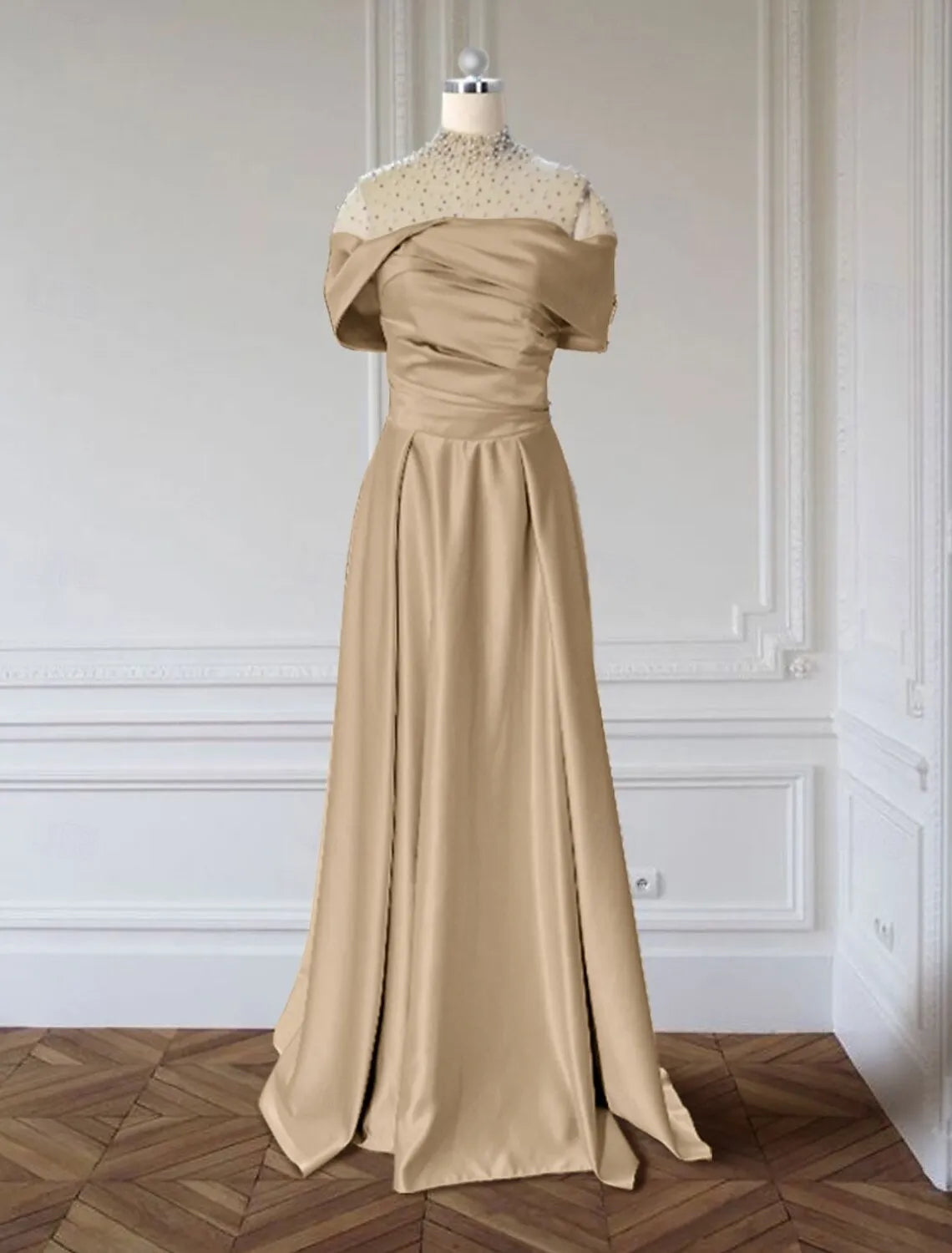 Off-Shoulder Beaded Champagne Floor-Length Evening Dress