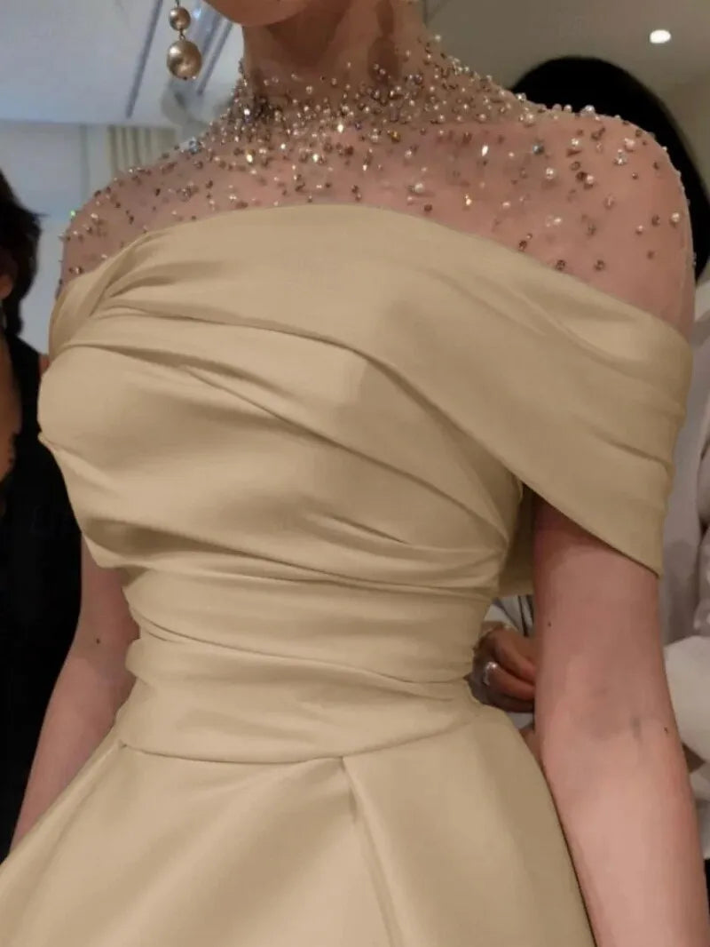 Off-Shoulder Beaded Champagne Floor-Length Evening Dress
