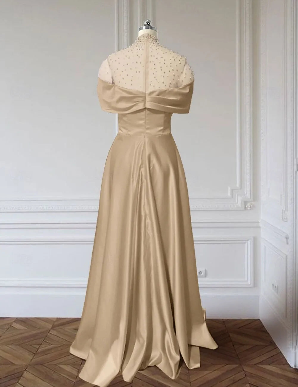 Off-Shoulder Beaded Champagne Floor-Length Evening Dress