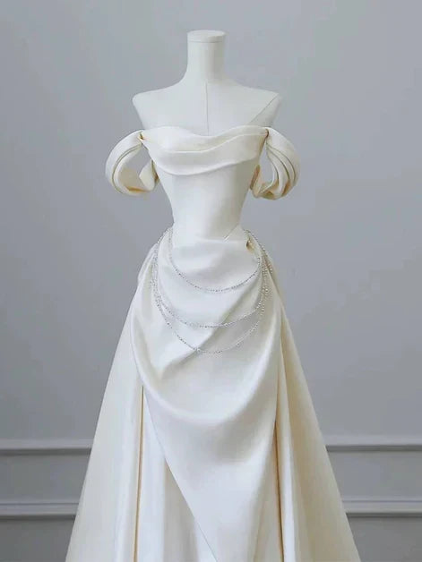 Ivory Off-the-Shoulder Long Prom Dress With Beaded