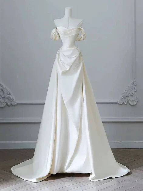Ivory Off-the-Shoulder Long Prom Dress With Beaded