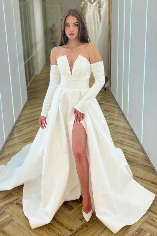 White Off-the-shoulder Long-sleeve Ruched Floor-length Prom Dress