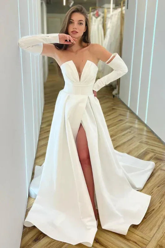 White Off-the-shoulder Long-sleeve Ruched Floor-length Prom Dress