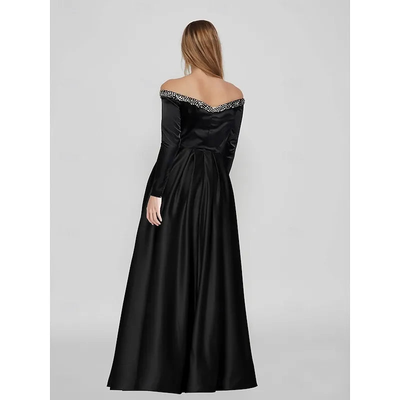 Black Off-the-shoulder Long-sleeved Pearl Maxi Prom Dress for Women Custom