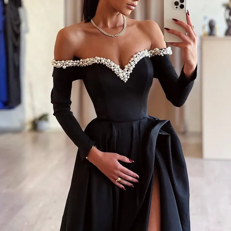 Black Off-the-shoulder Long-sleeved Pearl Maxi Prom Dress for Women Custom
