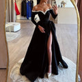 Black Off-the-shoulder Long-sleeved Pearl Maxi Prom Dress for Women Custom