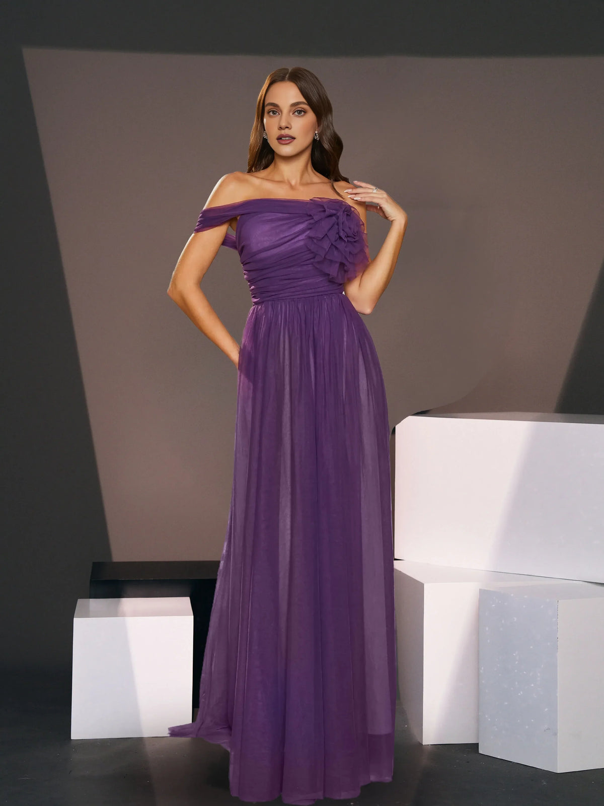 Special Occasion Sophisticated Graceful Elegant Purple Tulle A-Line Sleeveless Floor-Length Prom Dress