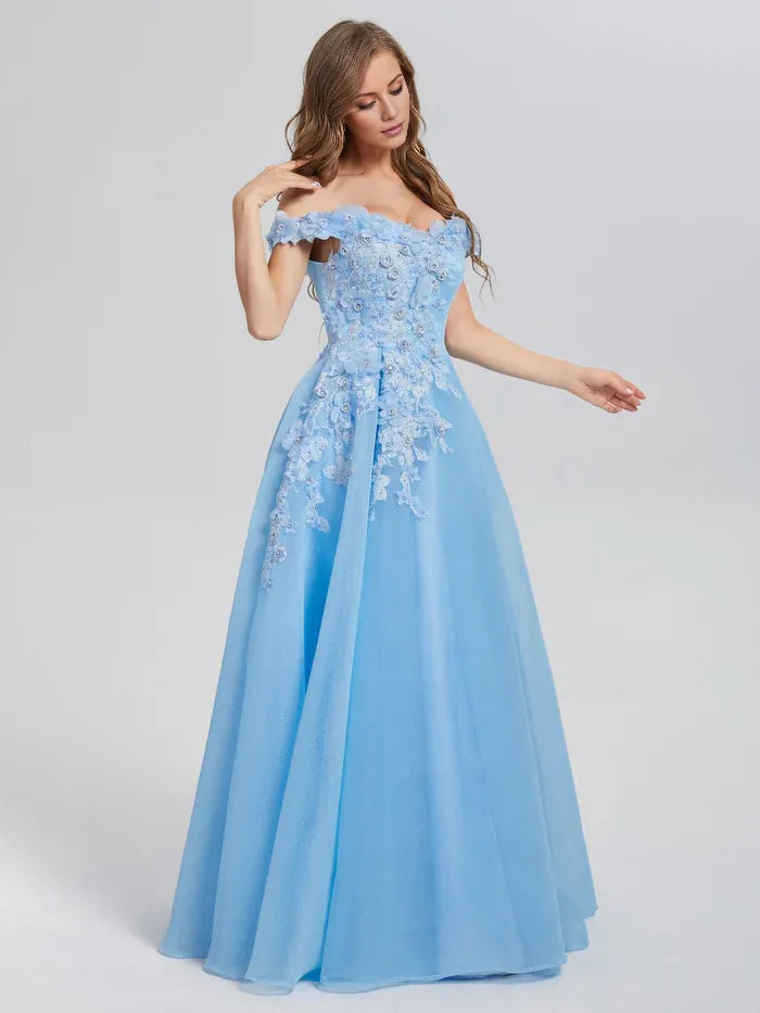 Stylish Refined Beautiful Elegant Sky Blue Tulle A-Line Sleeveless Floor-Length Prom Dress