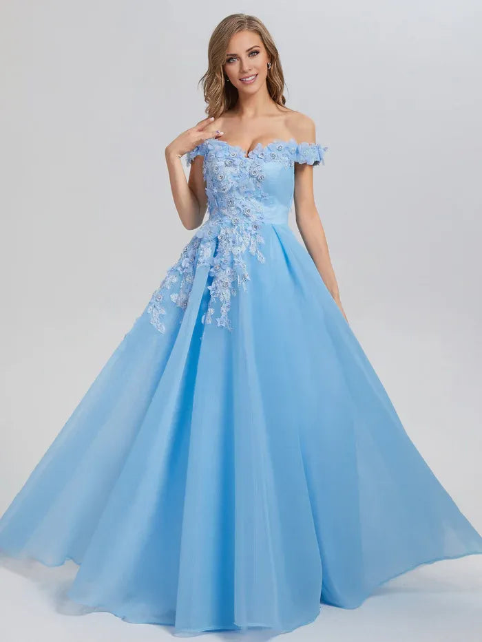 Stylish Refined Beautiful Elegant Sky Blue Tulle A-Line Sleeveless Floor-Length Prom Dress