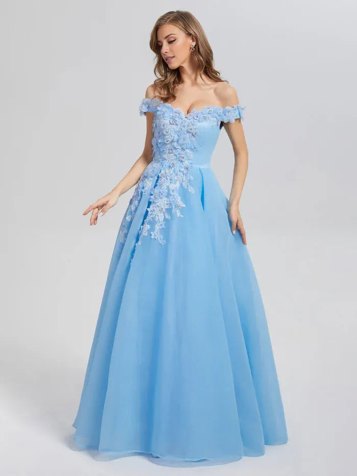 Stylish Refined Beautiful Elegant Sky Blue Tulle A-Line Sleeveless Floor-Length Prom Dress