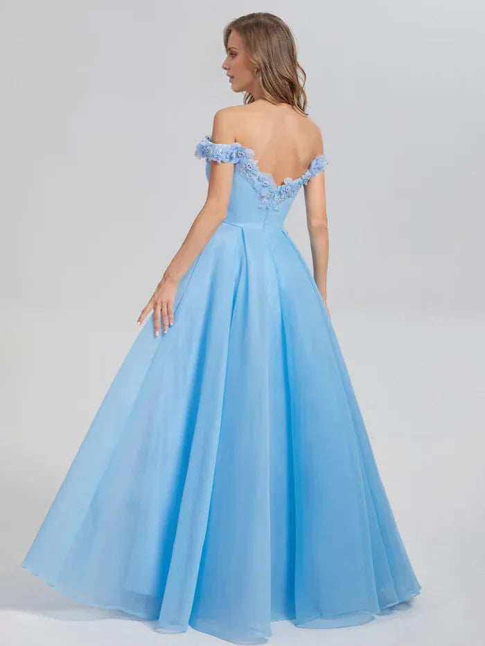 Stylish Refined Beautiful Elegant Sky Blue Tulle A-Line Sleeveless Floor-Length Prom Dress