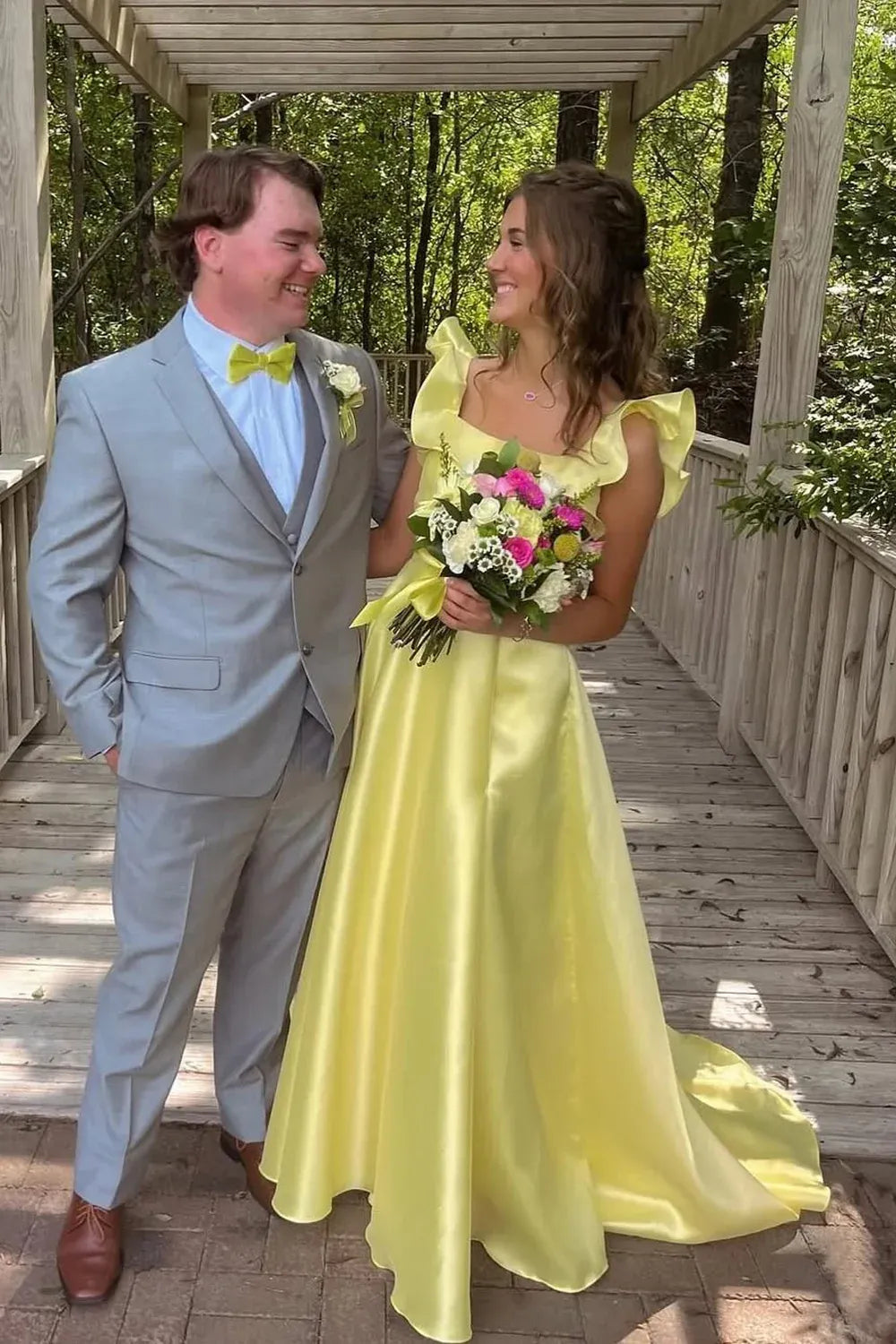 Beautiful Timeless Special Occasion Sophisticated Elegant Yellow Satin A-Line Ruffle Prom Dress