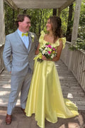 Beautiful Timeless Special Occasion Sophisticated Elegant Yellow Satin A-Line Ruffle Prom Dress