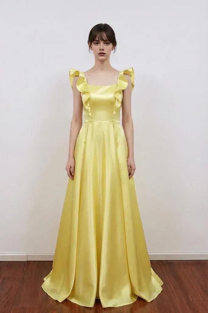 Beautiful Timeless Special Occasion Sophisticated Elegant Yellow Satin A-Line Ruffle Prom Dress