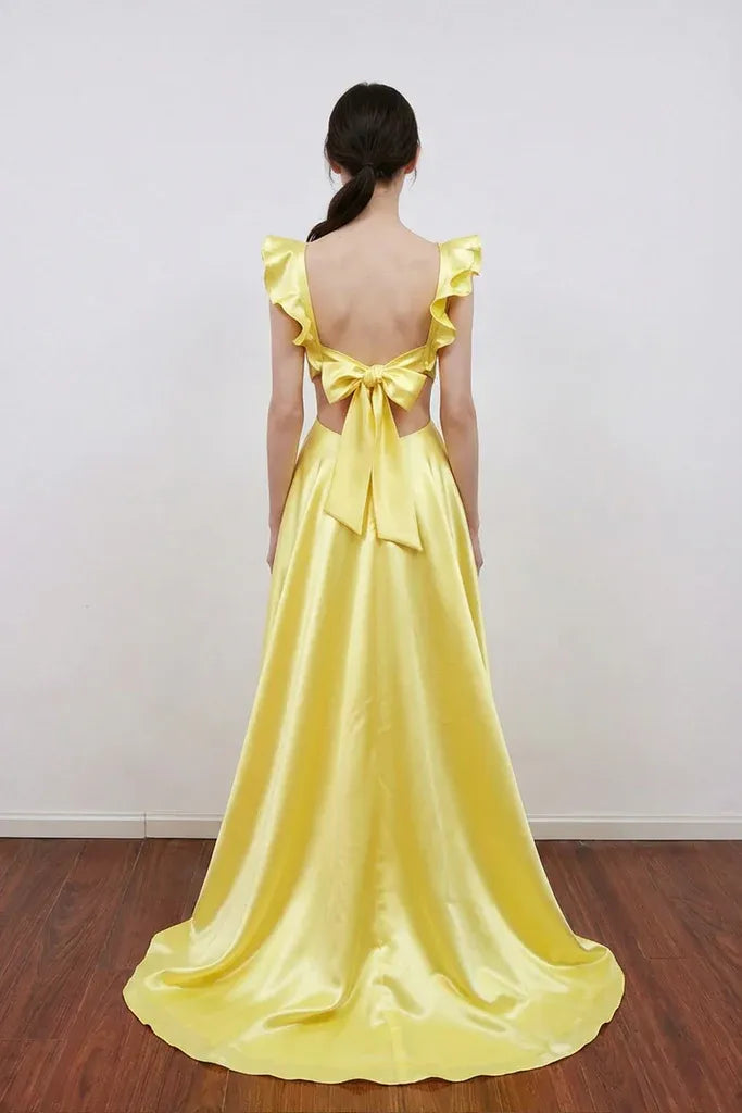 Beautiful Timeless Special Occasion Sophisticated Elegant Yellow Satin A-Line Ruffle Prom Dress