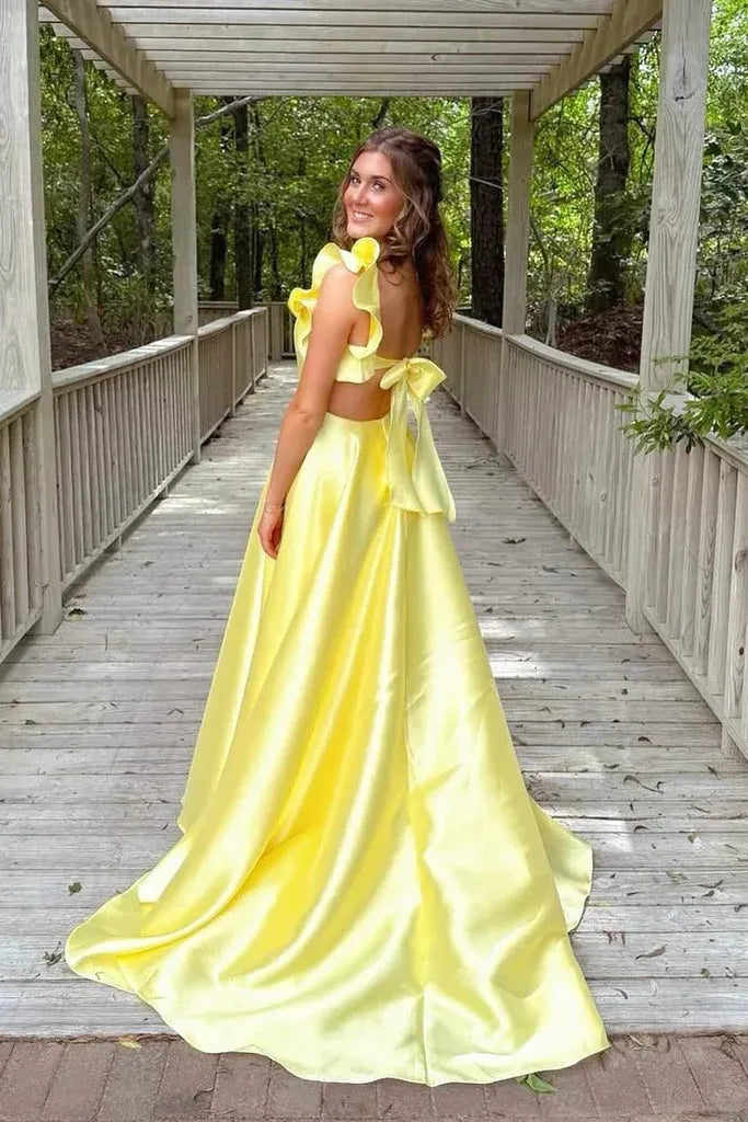 Beautiful Timeless Special Occasion Sophisticated Elegant Yellow Satin A-Line Ruffle Prom Dress