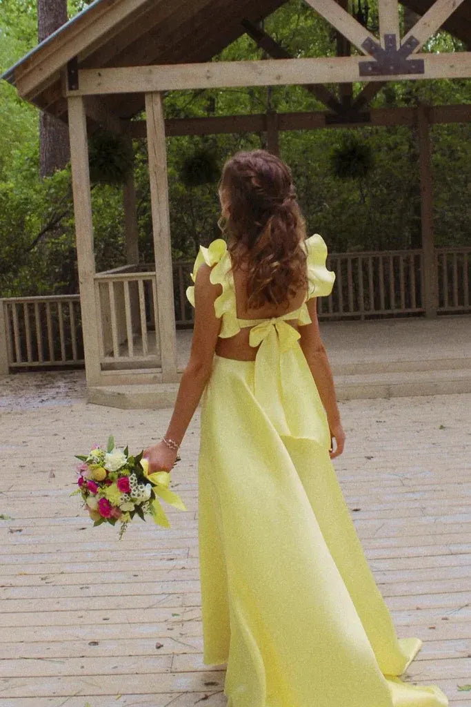 Beautiful Timeless Special Occasion Sophisticated Elegant Yellow Satin A-Line Ruffle Prom Dress