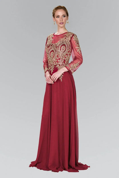 Chic Elegant Burgundy Chiffon A-Line Scoop Neck Long Sleeve Floor-Length Prom Dress