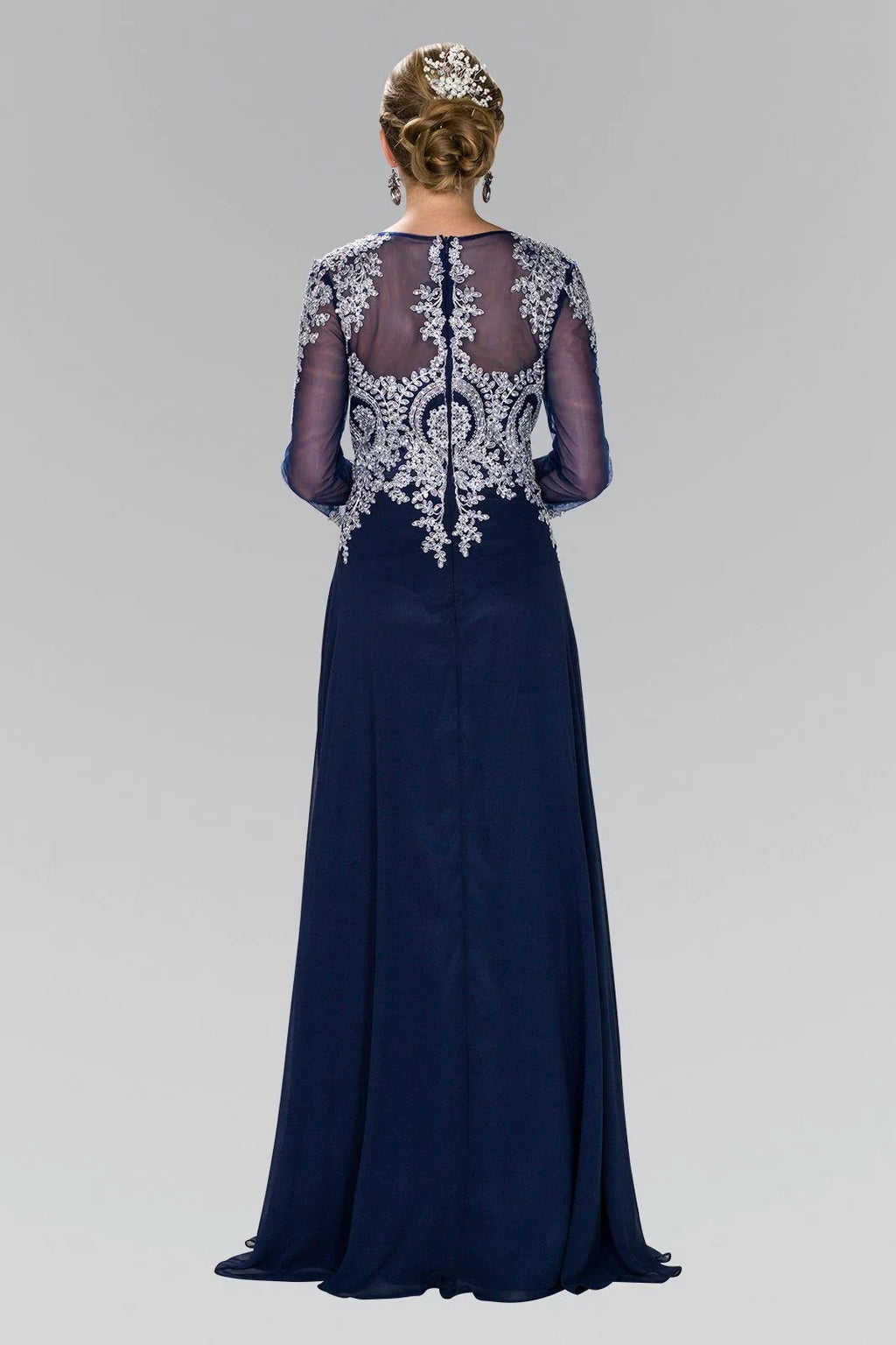 Elegant Navy Blue Chiffon A-Line Scoop Neck Long Sleeve Floor-Length Prom Dress