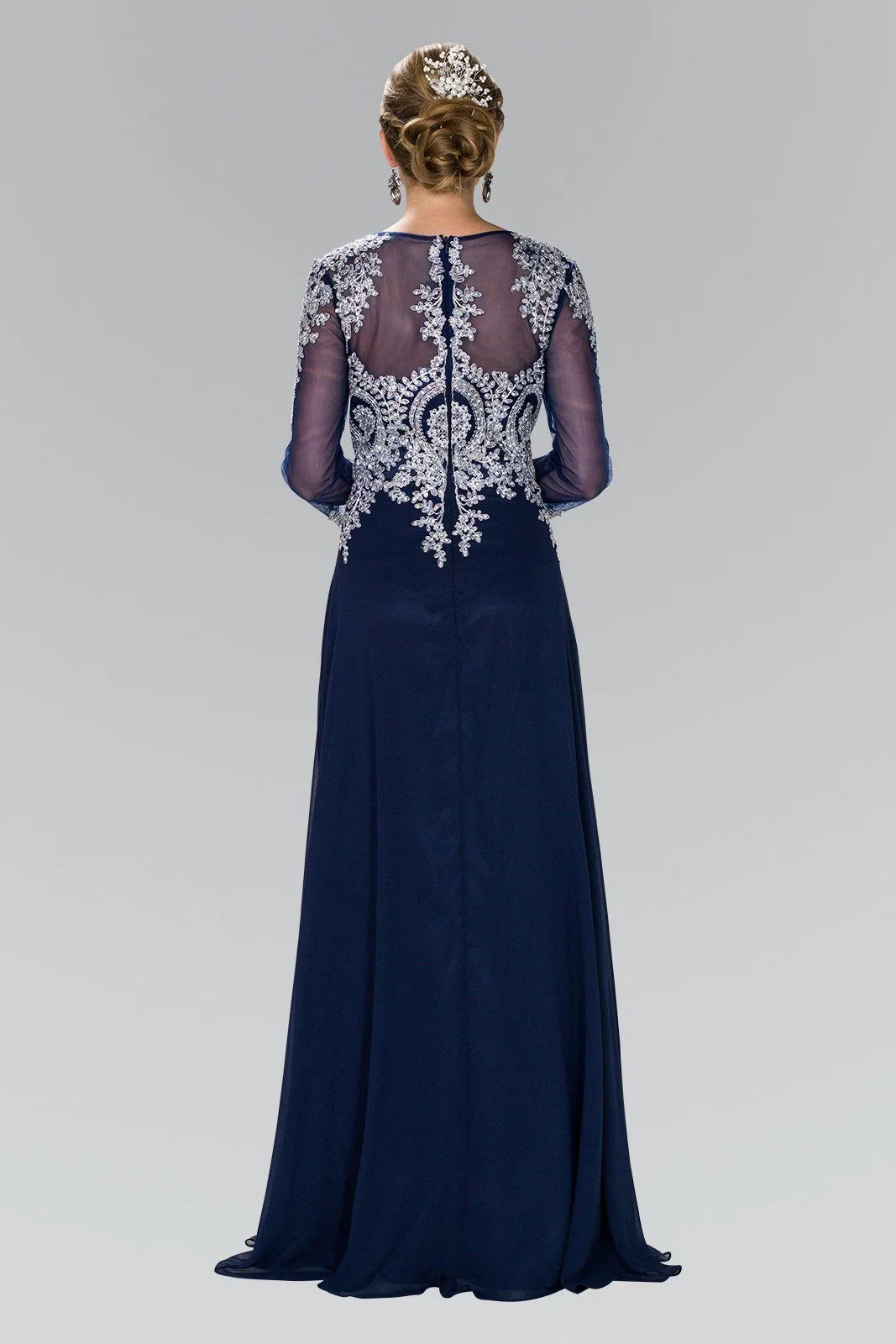 Elegant Navy Blue Chiffon A-Line Scoop Neck Long Sleeve Floor-Length Prom Dress