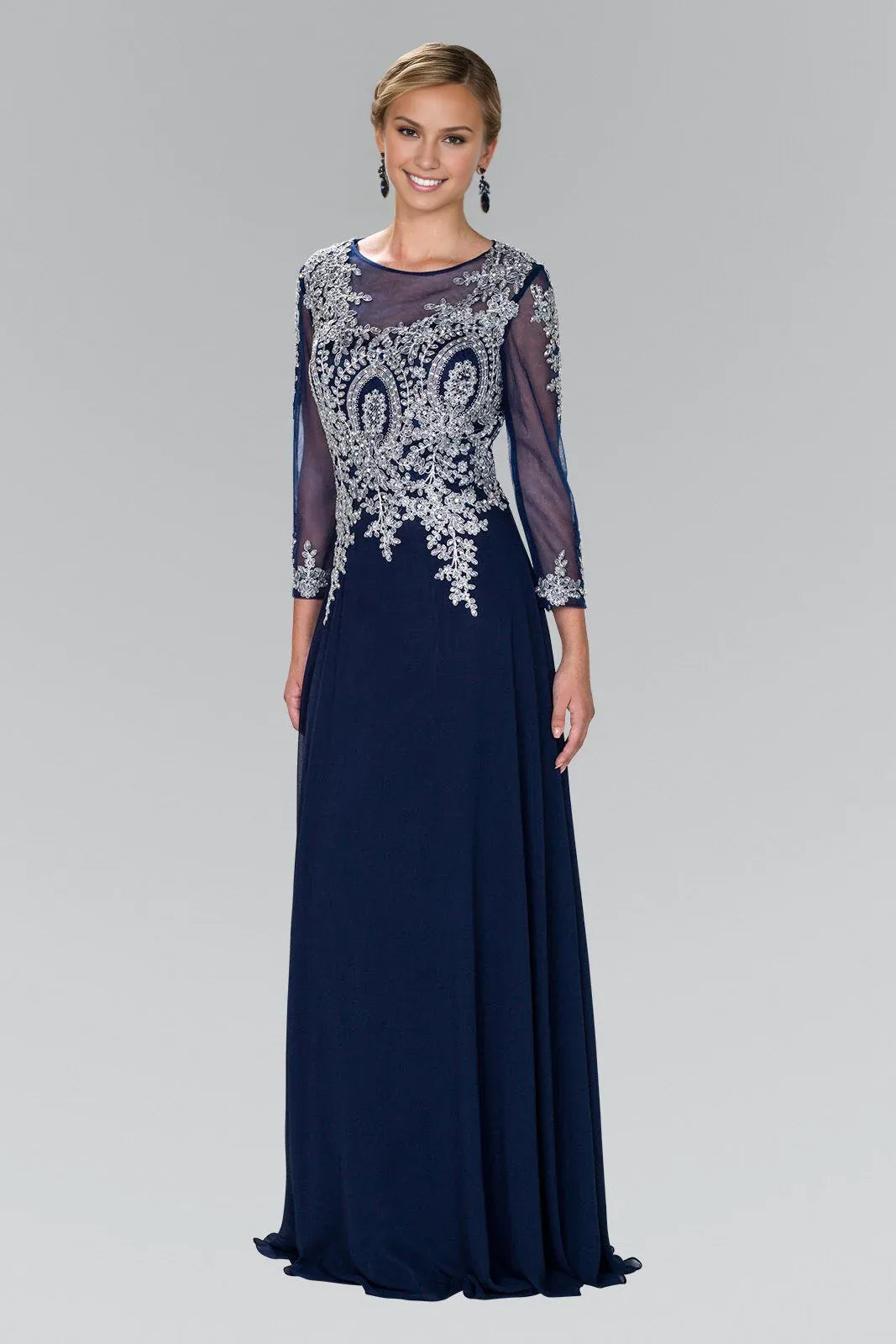 Elegant Navy Blue Chiffon A-Line Scoop Neck Long Sleeve Floor-Length Prom Dress
