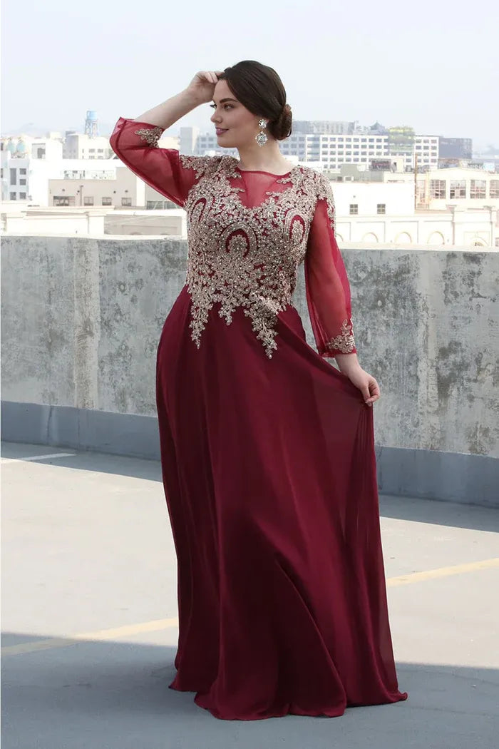 Chic Elegant Burgundy Chiffon A-Line Scoop Neck Long Sleeve Floor-Length Prom Dress