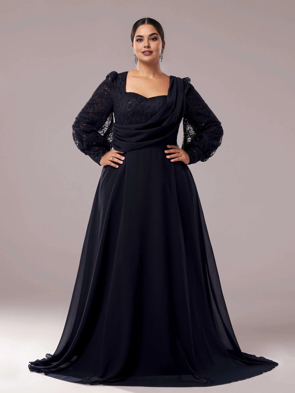 Refined Elegant Black Chiffon A-Line Square Neck Long Sleeve Floor-Length Prom Dress