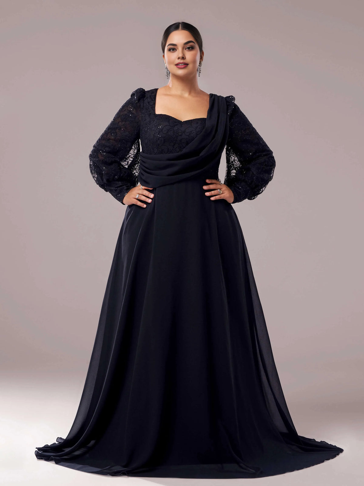Refined Elegant Black Chiffon A-Line Square Neck Long Sleeve Floor-Length Prom Dress