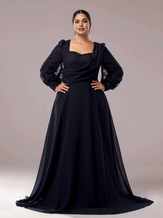 Refined Elegant Black Chiffon A-Line Square Neck Long Sleeve Floor-Length Prom Dress