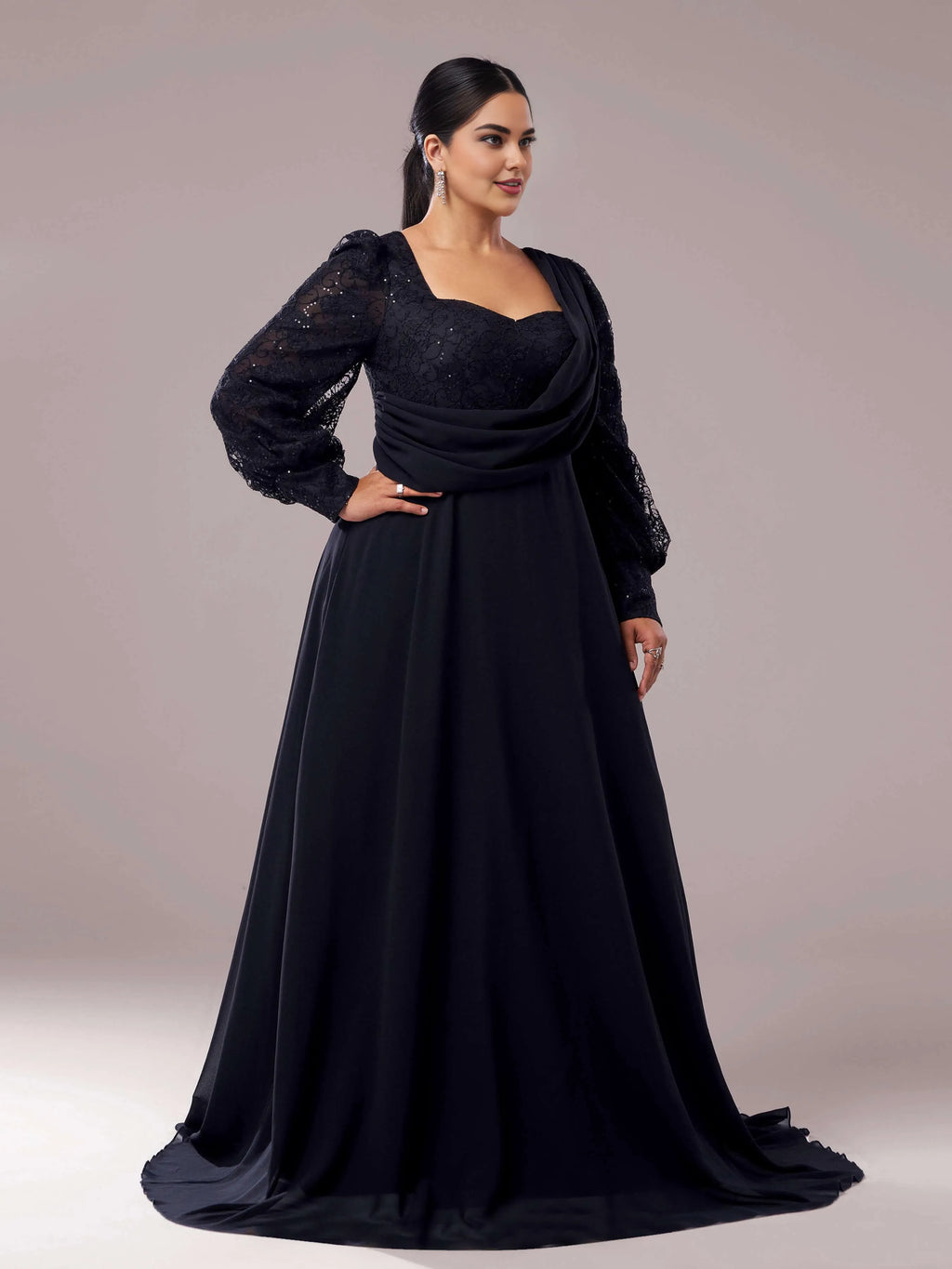 Refined Elegant Black Chiffon A-Line Square Neck Long Sleeve Floor-Length Prom Dress