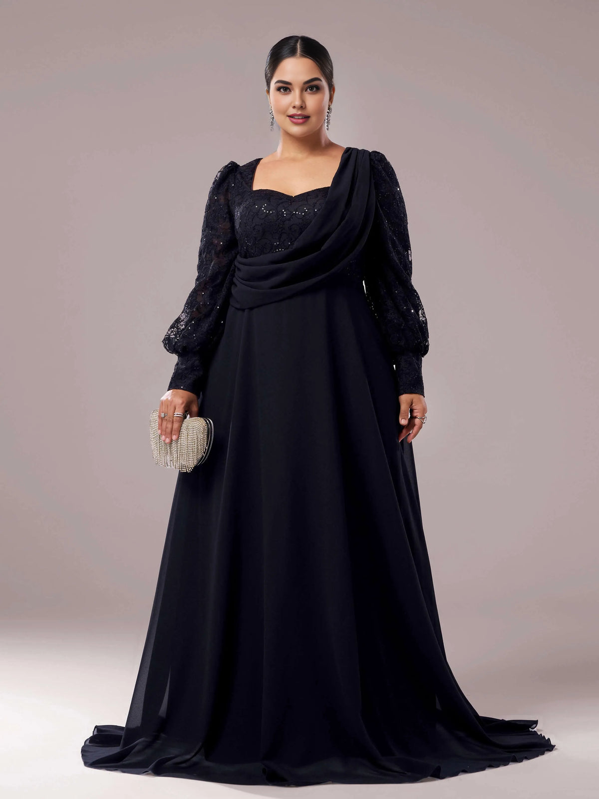Refined Elegant Black Chiffon A-Line Square Neck Long Sleeve Floor-Length Prom Dress