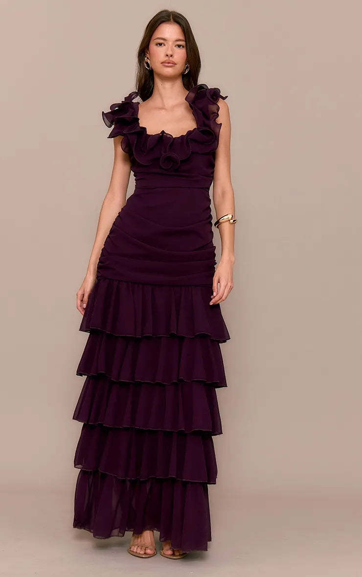 Square Neck Sleeveless Back Zip Ruched Tiered Floor-Length Prom Dresses