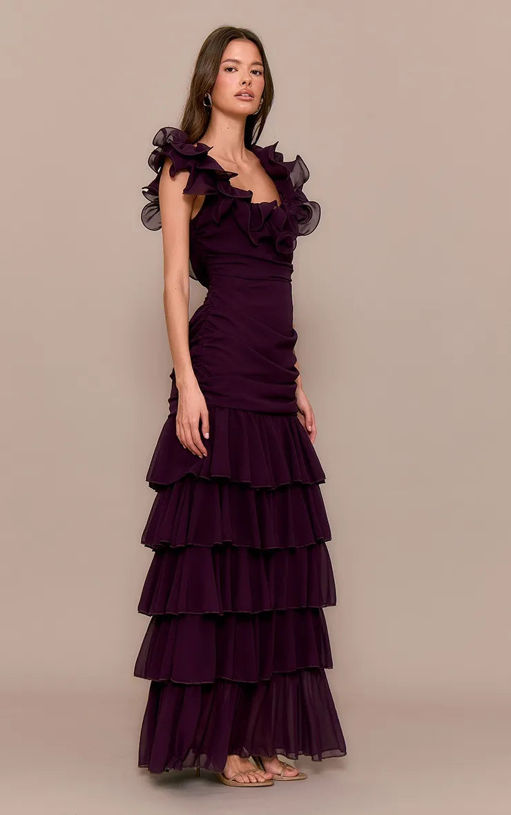 Square Neck Sleeveless Back Zip Ruched Tiered Floor-Length Prom Dresses