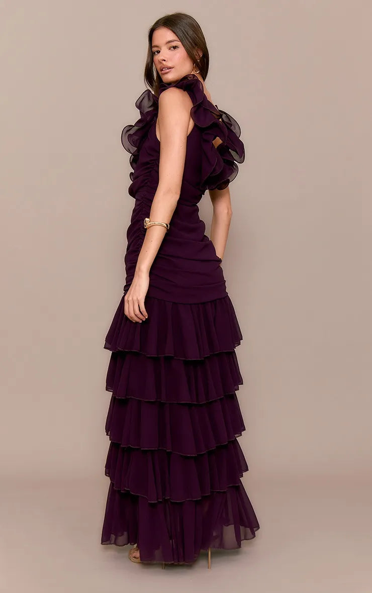 Square Neck Sleeveless Back Zip Ruched Tiered Floor-Length Prom Dresses