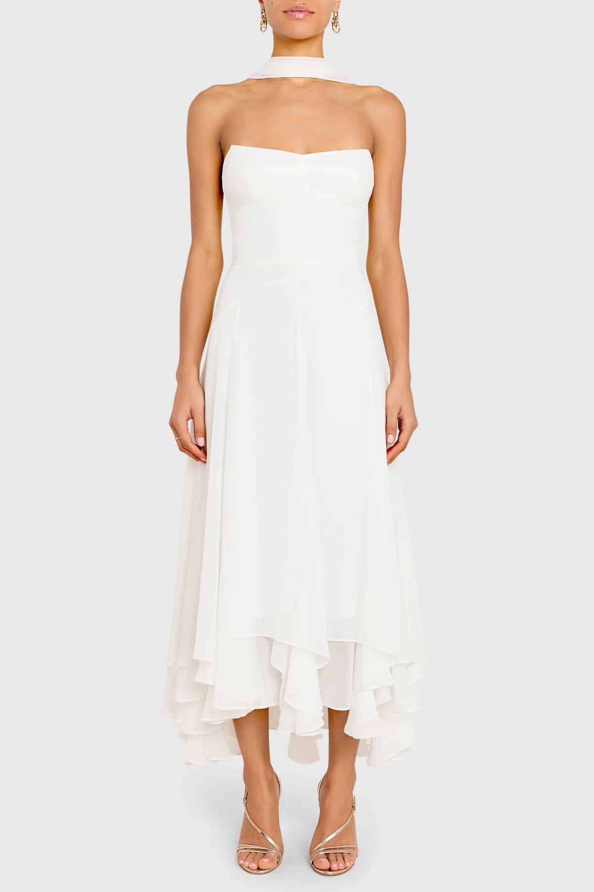 Timeless Special Occasion Sophisticated Elegant White Chiffon A-Line Halter Midi Prom Dress