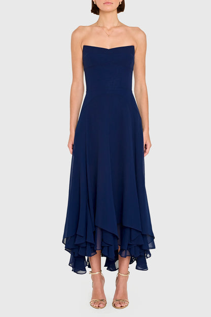 Timeless Chic Elegant Navy Blue Chiffon A-Line Strapless Ruffle Midi Prom Dress