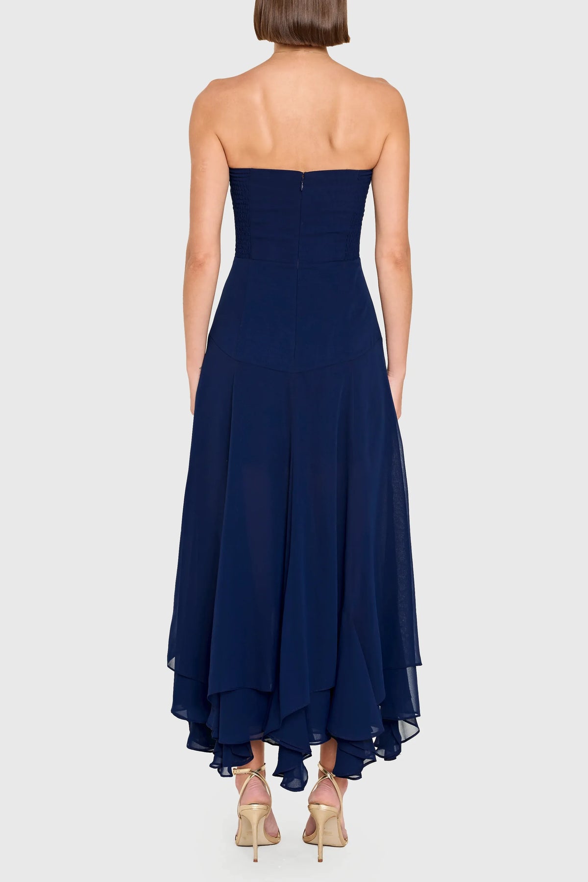 Timeless Chic Elegant Navy Blue Chiffon A-Line Strapless Ruffle Midi Prom Dress