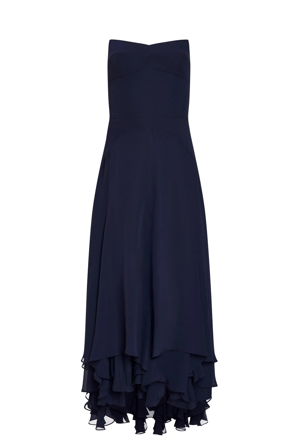 Timeless Chic Elegant Navy Blue Chiffon A-Line Strapless Ruffle Midi Prom Dress