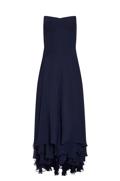 Timeless Chic Elegant Navy Blue Chiffon A-Line Strapless Ruffle Midi Prom Dress