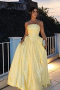 Yellow Strapless Ruched Pale Floor Length Prom Dress